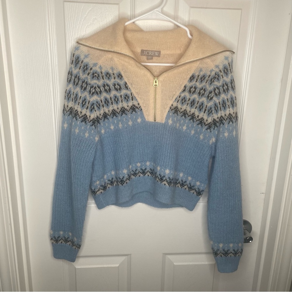 J. Crew Fair Isle Half-Zip Sweater Brushed Yarn Alpaca Wool Blend Cream/Blue XS - Picture 2 of 12